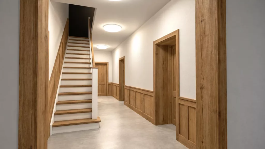 Rendering von Treppenhaus und Flur mit Wandvertäfelung aus Eiche, Flechtdorf