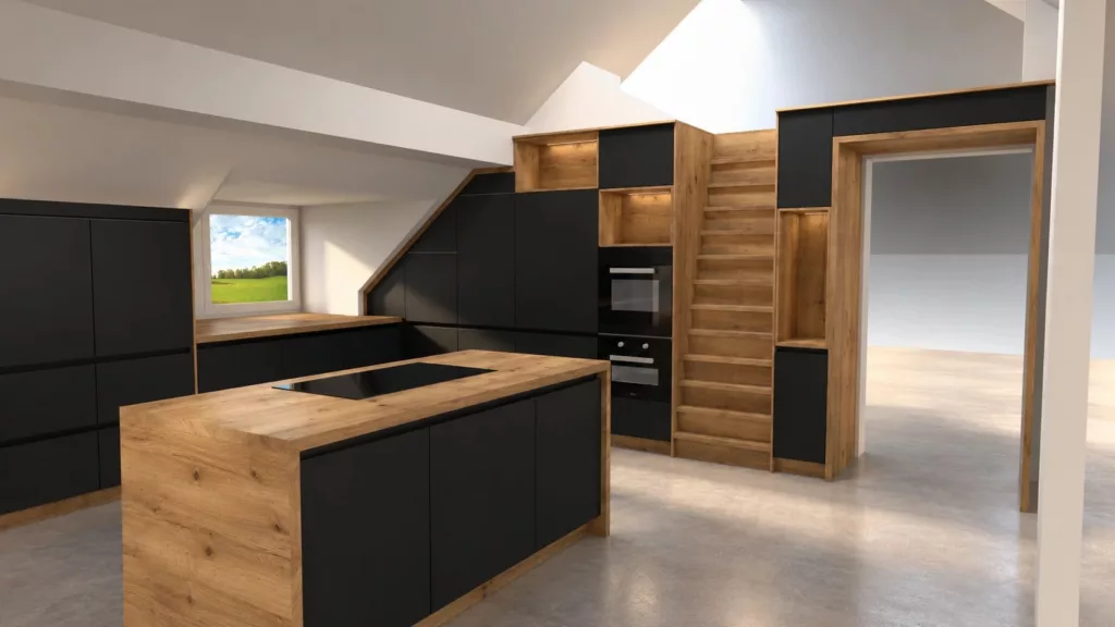 Rendering der Küche mit Raumspartreppe für die Loftwohnung in Korbach