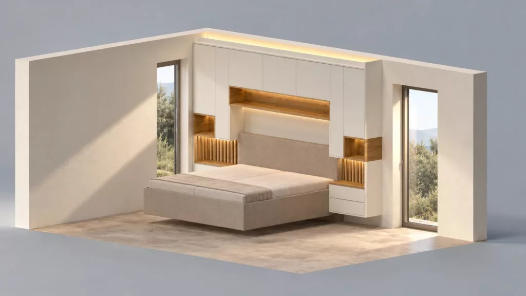 Rendering des Schlafzimmers mit Bettüberbau und Nachtablagen, Korbach