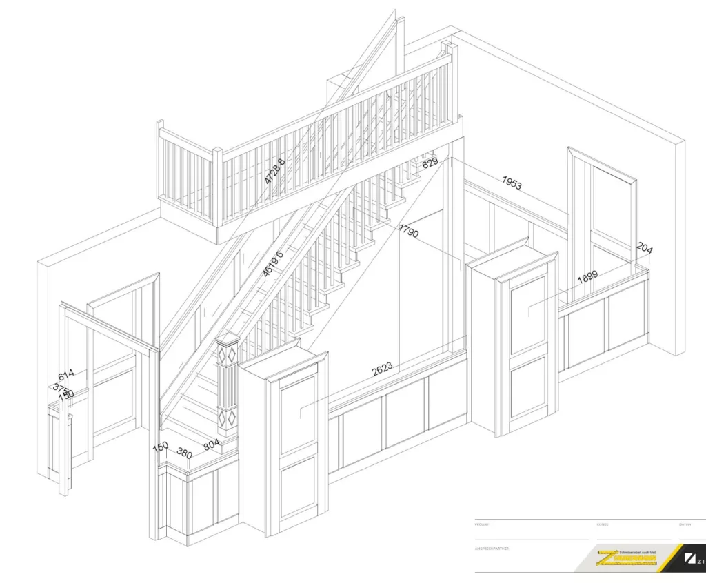 Planungszeichnung von Treppe, Galerie und Einbauten für ein Haus in Flechtdorf