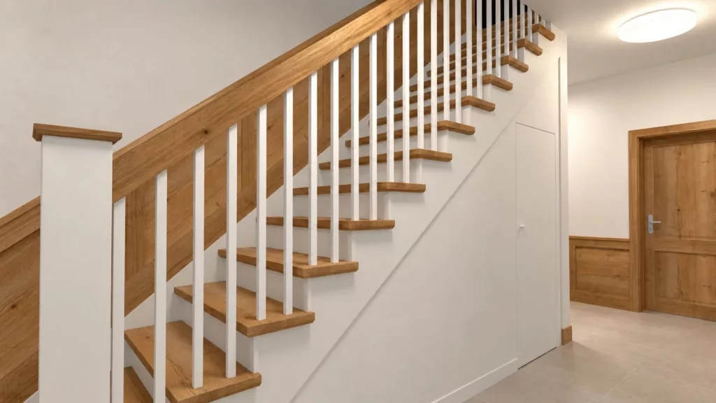 Rendering der neuen Treppe mit weißem Geländer und Eichenstufen, Flechtdorf